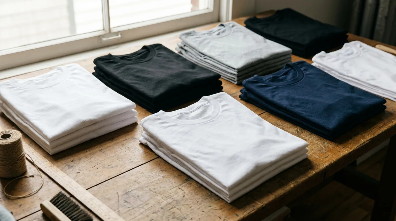 Folded blank t-shirts in assorted colors on a workshop table, the best blanks for printing in 2026