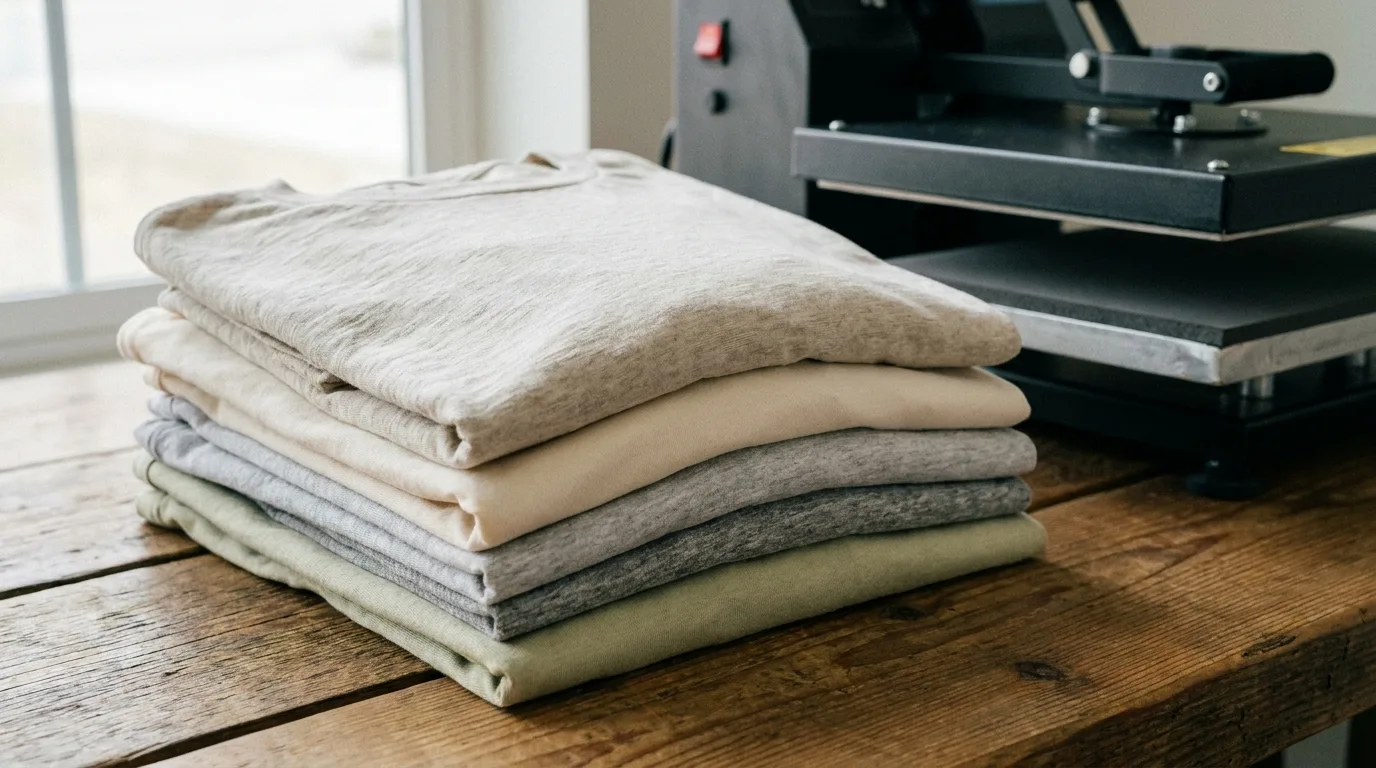 Assorted folded blank fabrics showing the best fabrics for DTF transfers next to a heat press