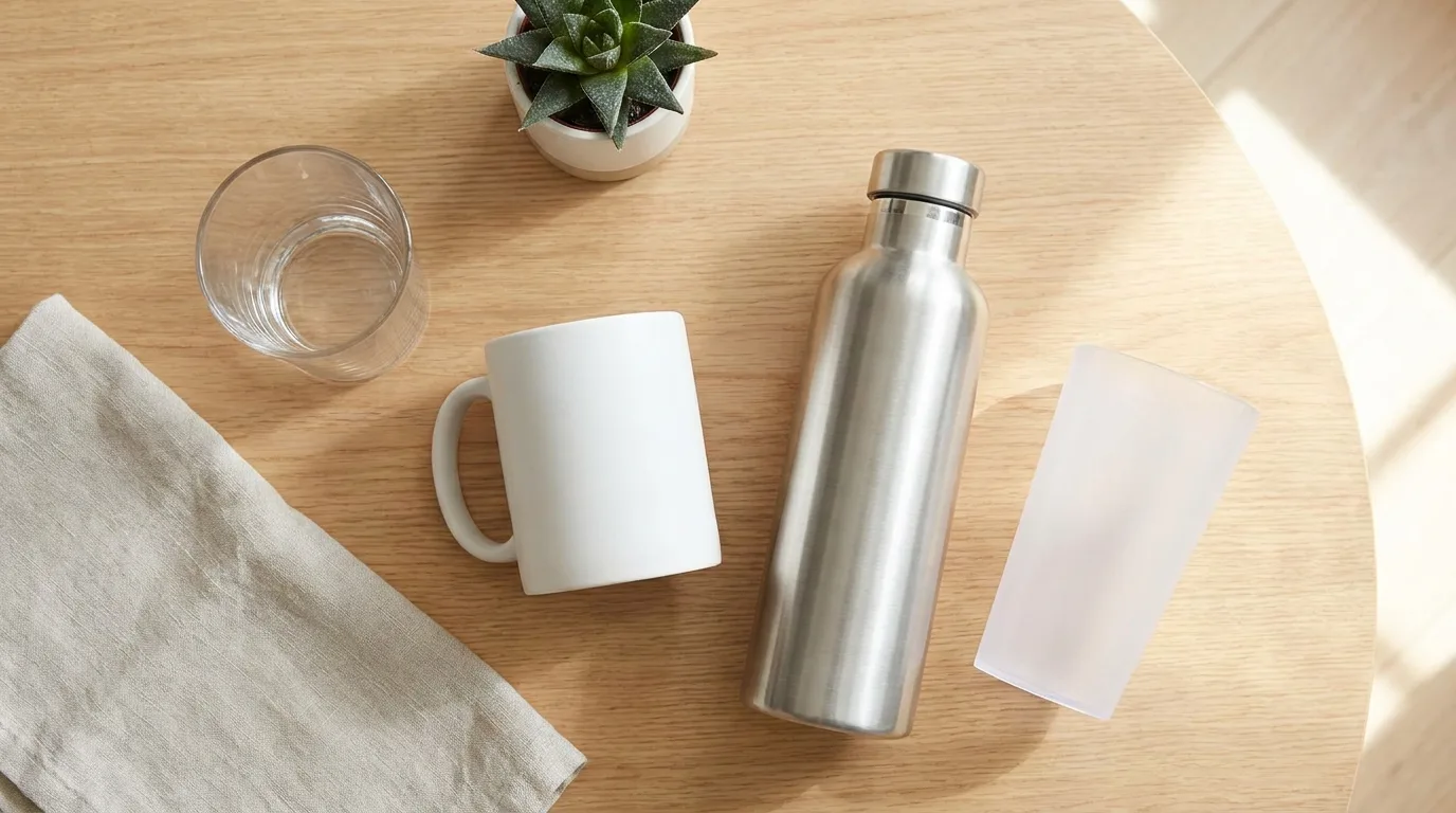 Assorted blank UV DTF surfaces including glass, ceramic, stainless steel and acrylic on a wood table