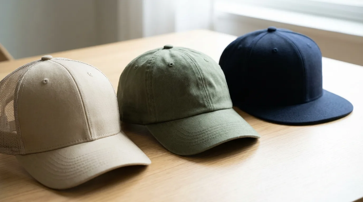 Three blank caps comparing trucker, dad hat, and flat bill styles for printing