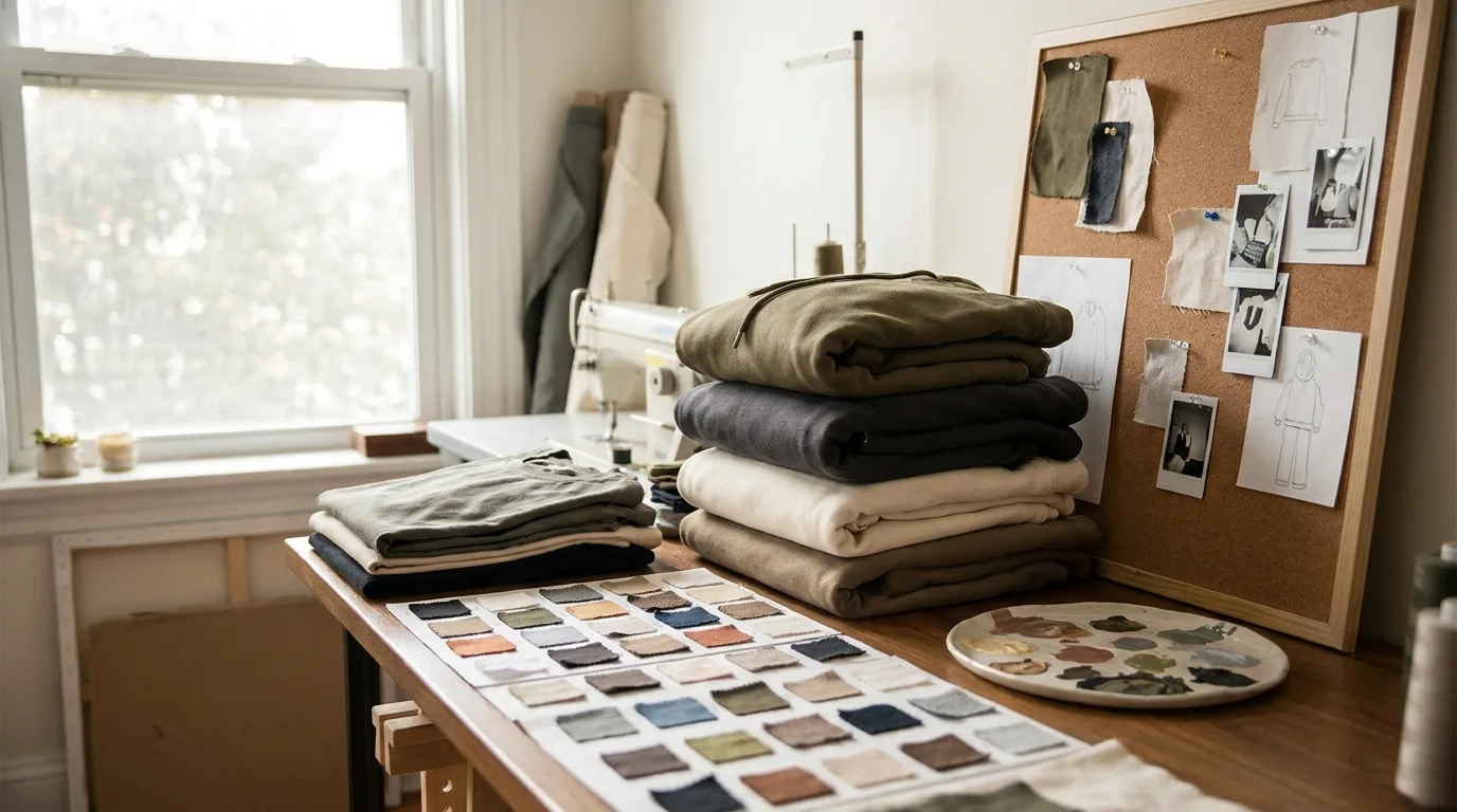 Custom apparel and color swatches on a studio table illustrating clothing line branding