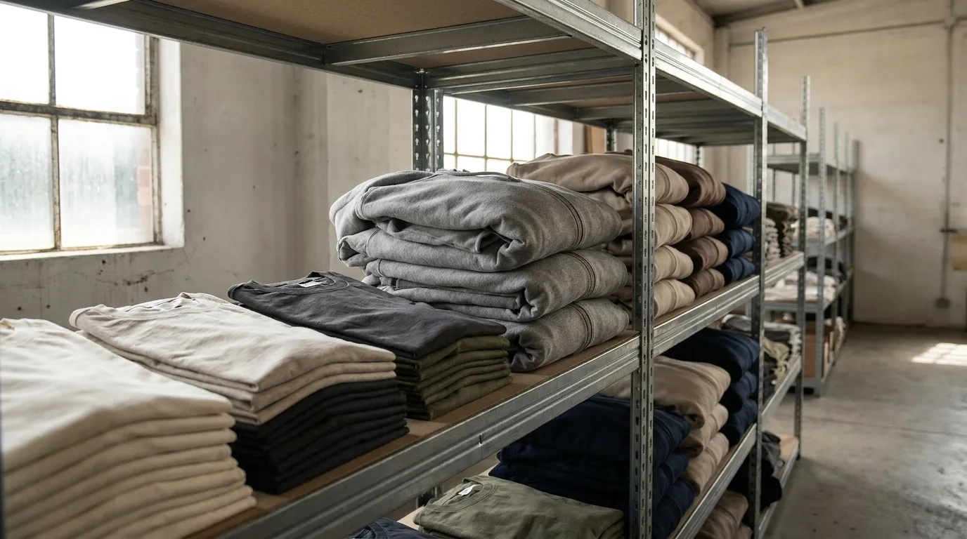 Shelves of neatly folded bulk blank apparel tees and hoodies in a print shop warehouse