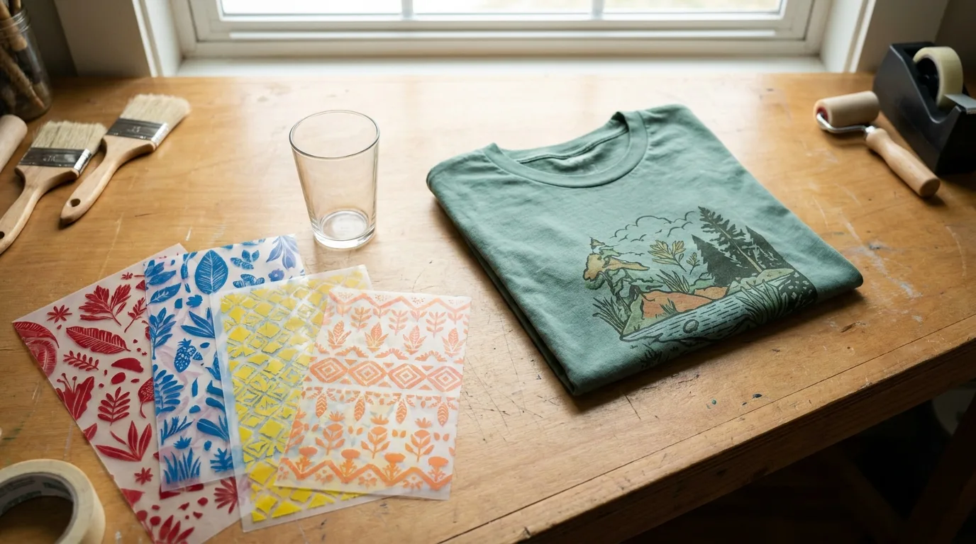 Printed shirt, glass tumbler, and transfer films laid out for choosing the right transfer method