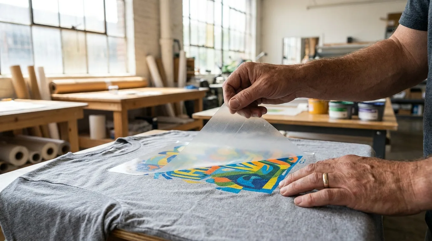 Hands peeling carrier film from a pressed shirt design showing cold peel vs hot peel DTF technique