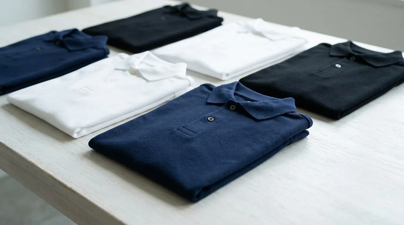 Neatly arranged blank polo shirts for custom printing in navy, white, and black