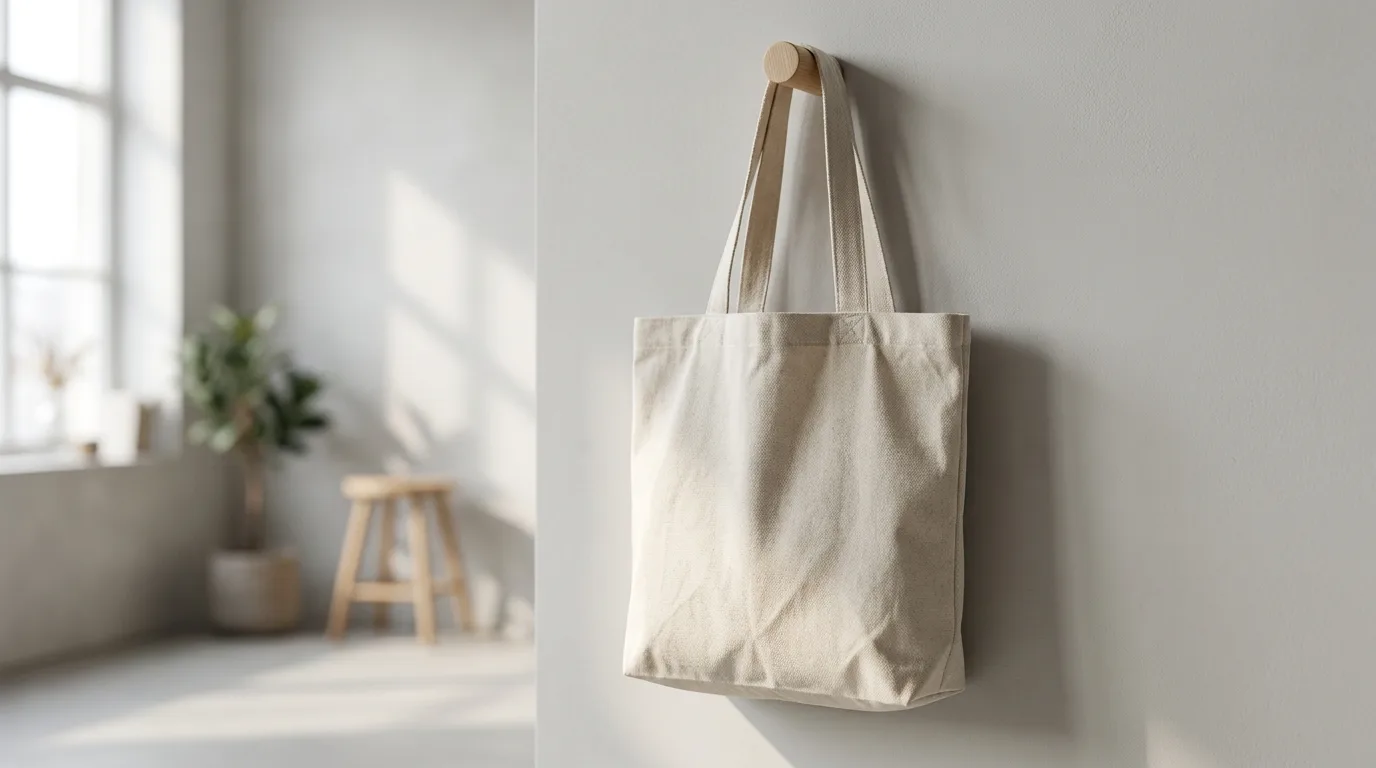 Blank cotton canvas tote bag ready for printing custom tote bags in a bright studio setting