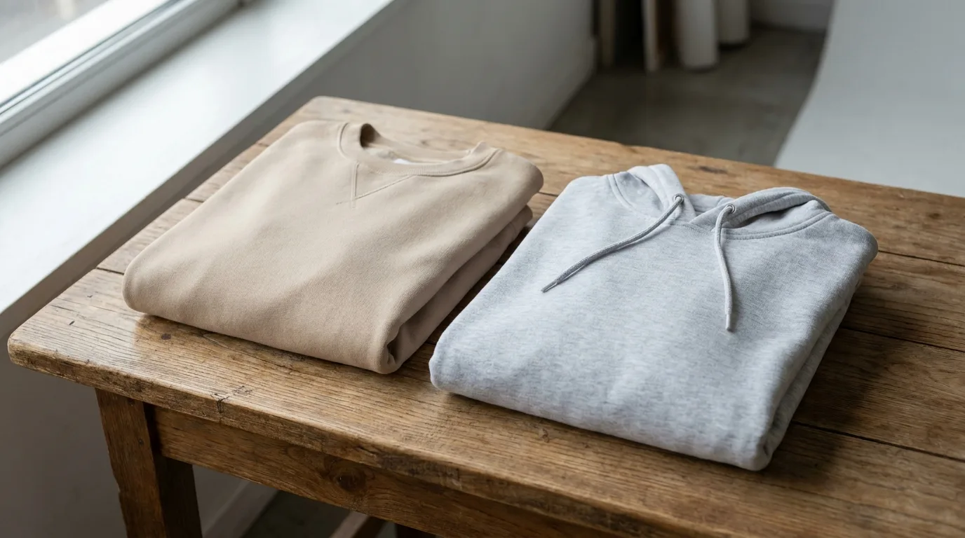Blank crewneck sweatshirt and hoodie side by side showing the crewneck vs hoodie comparison for printing