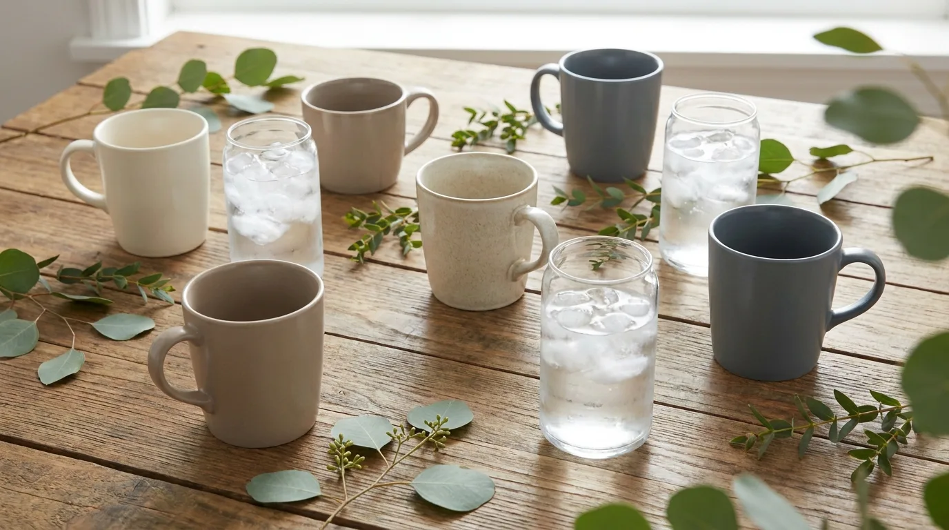 Blank mugs and glass tumblers arranged as custom drinkware ideas for a brand event