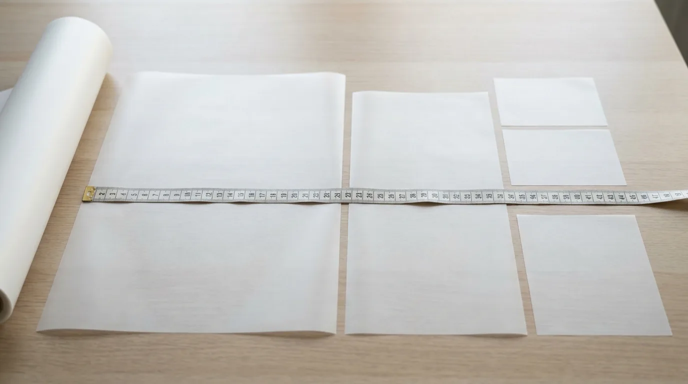 Different DTF gang sheet sizes laid side by side on a studio table with a measuring tape