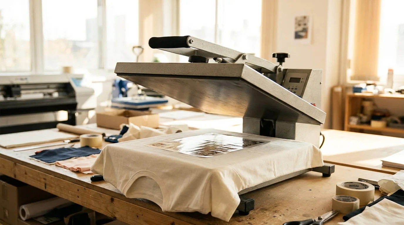Heat press pressing a transfer onto a shirt illustrating correct DTF heat press settings