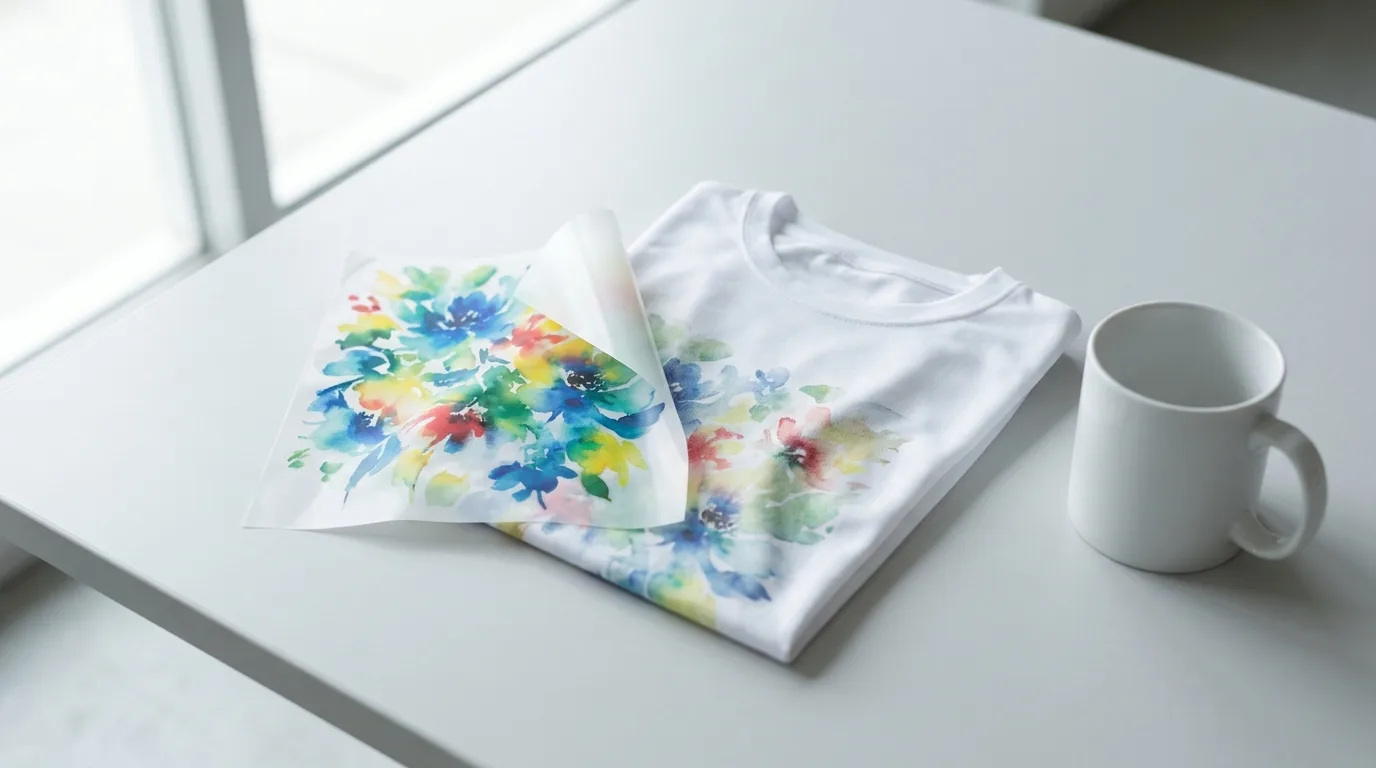 DTF vs sublimation comparison with a film transfer, white polyester shirt, and ceramic mug