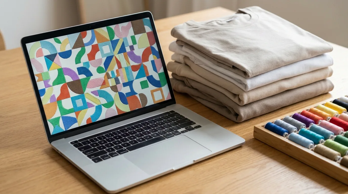Laptop with embroidery design software beside thread spools illustrating embroidery file formats
