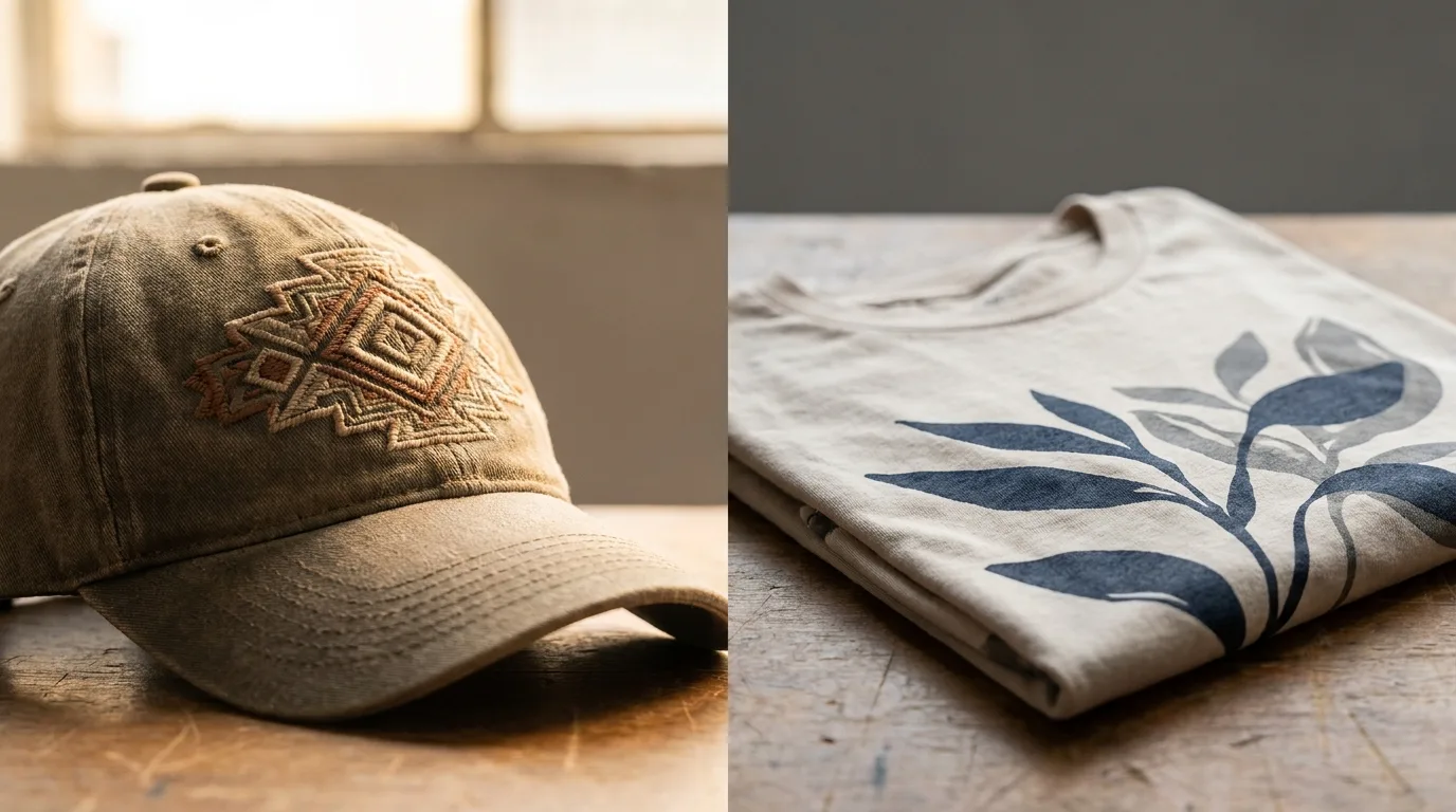 Side-by-side comparison for embroidery vs printing showing a stitched cap and a printed tee on a studio table