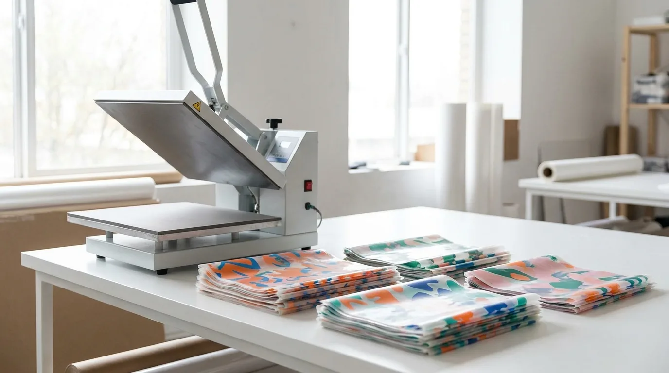 Heat press and DTF transfer films on a workbench showing DTF printing business equipment