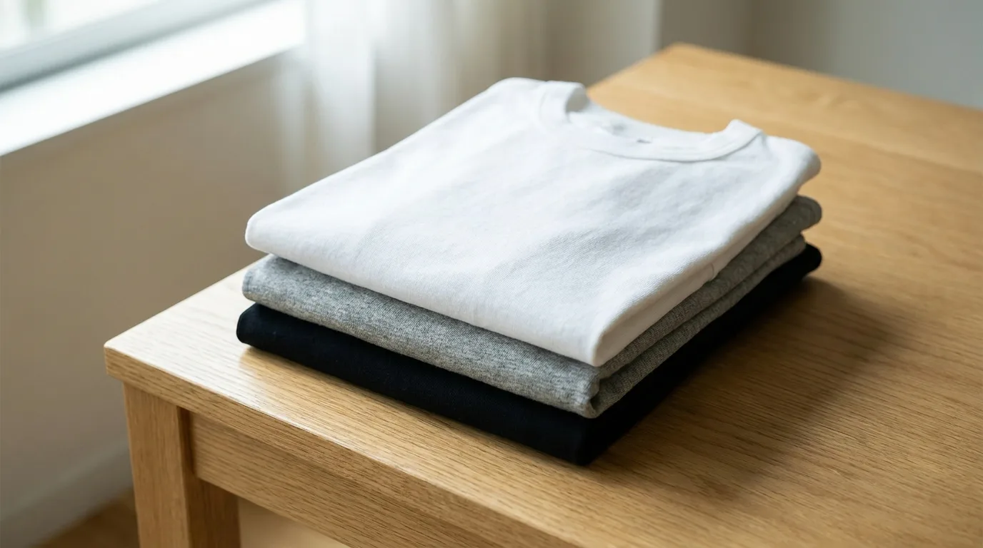 Stack of folded blank cotton tees illustrating a Gildan 5000 review