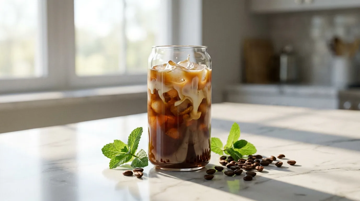Clear 16oz glass can tumbler with iced coffee, popular drinkware to customize on a sunlit counter