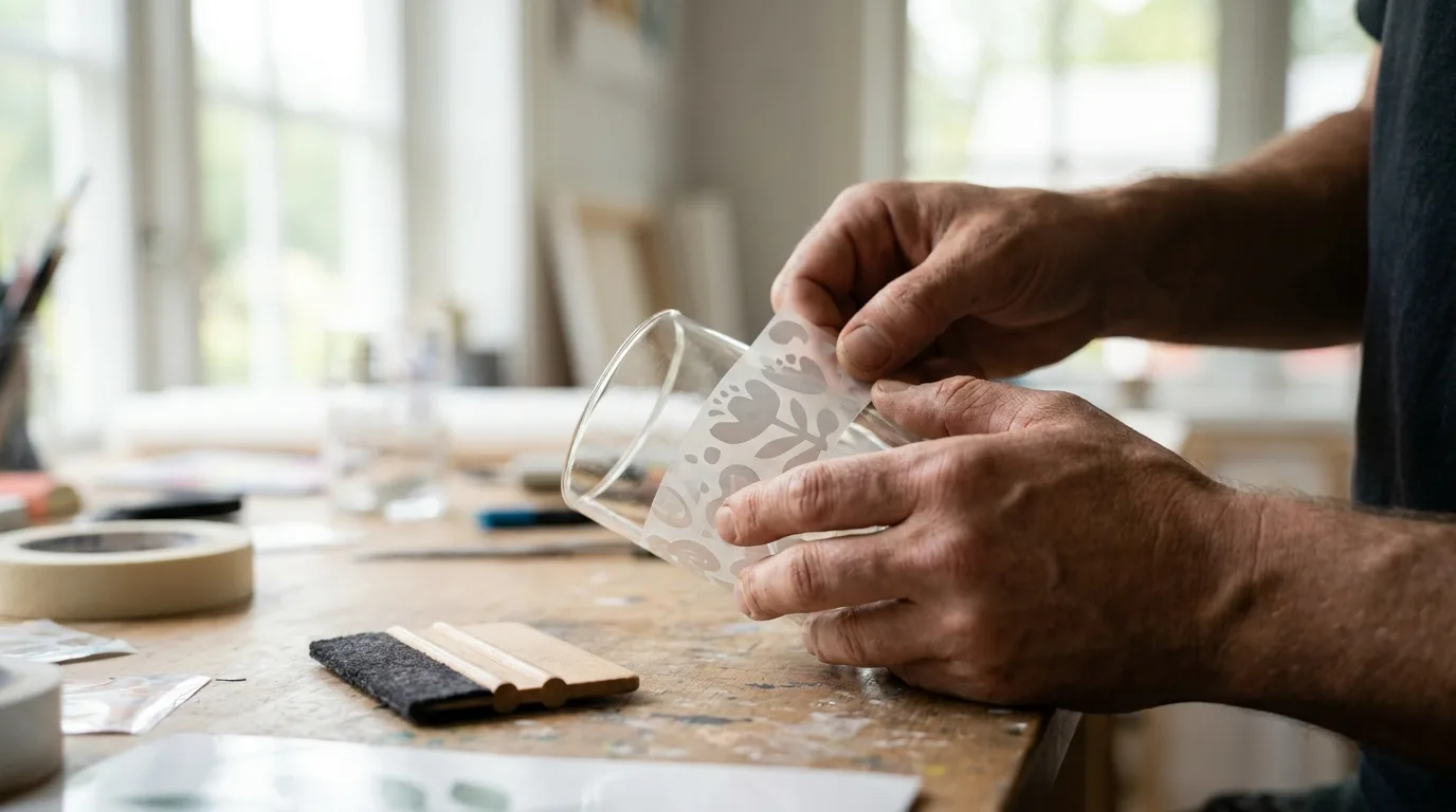 Hands applying a UV DTF sticker to a glass tumbler by hand with a squeegee, no heat needed