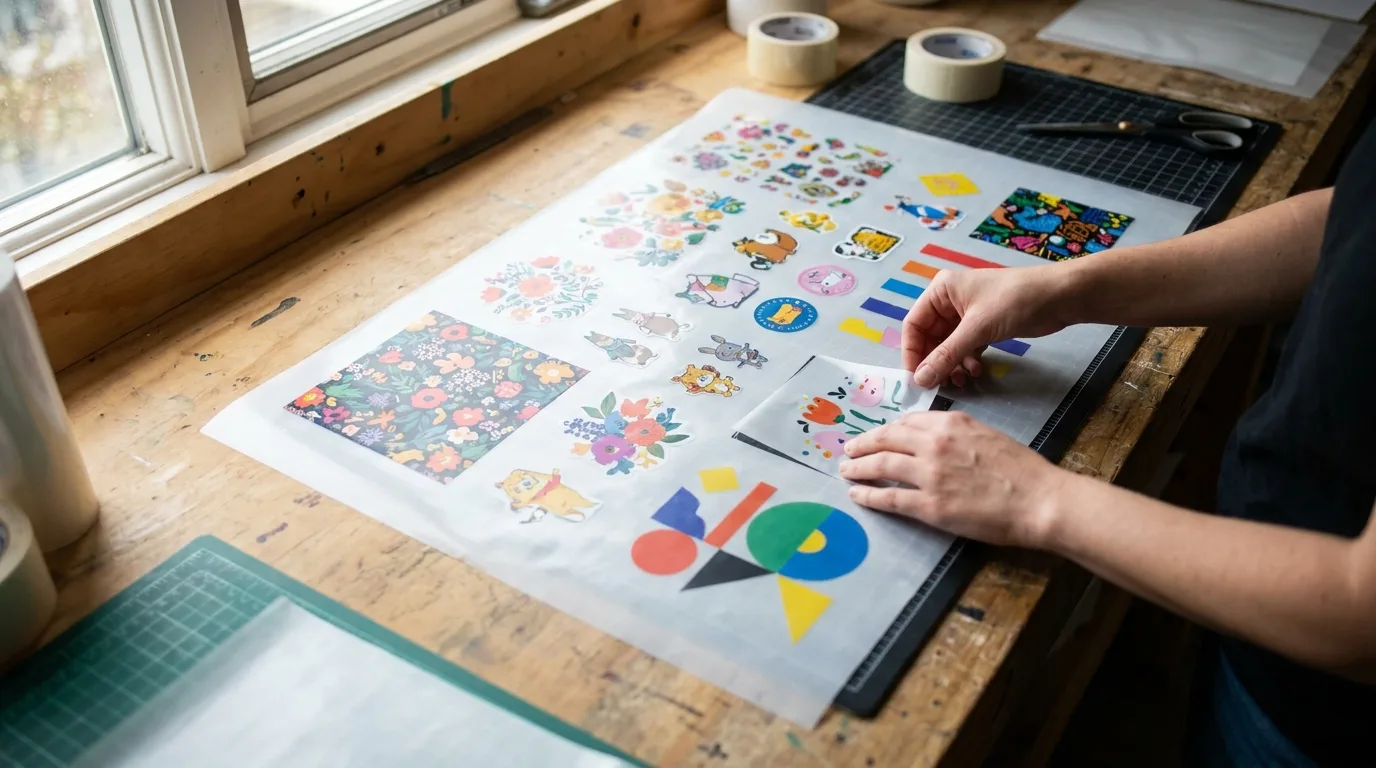 Building a DTF gang sheet by arranging multiple colorful designs on a single transfer sheet