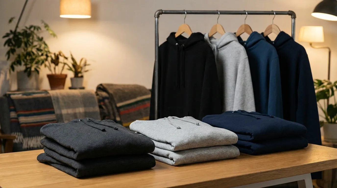 Plain pullover hoodies on a rack showing how to choose a blank hoodie for printing