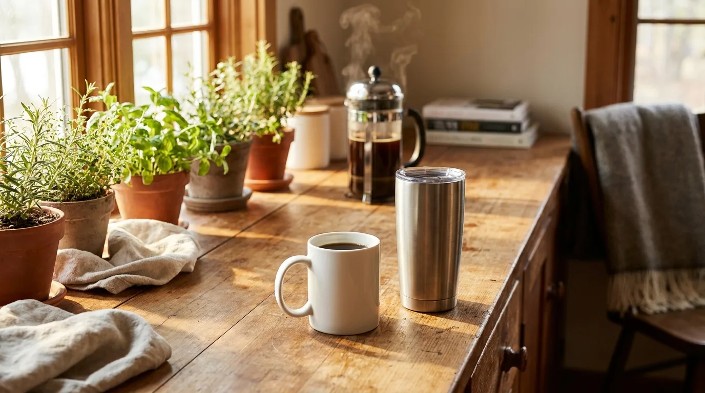 Blank white ceramic mug and tumbler in a sunny kitchen illustrating how to make custom mugs that sell