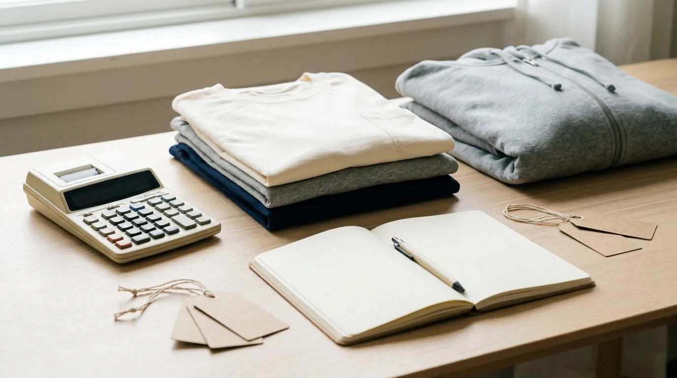 Desk with calculator and folded blanks illustrating pricing custom apparel for profit