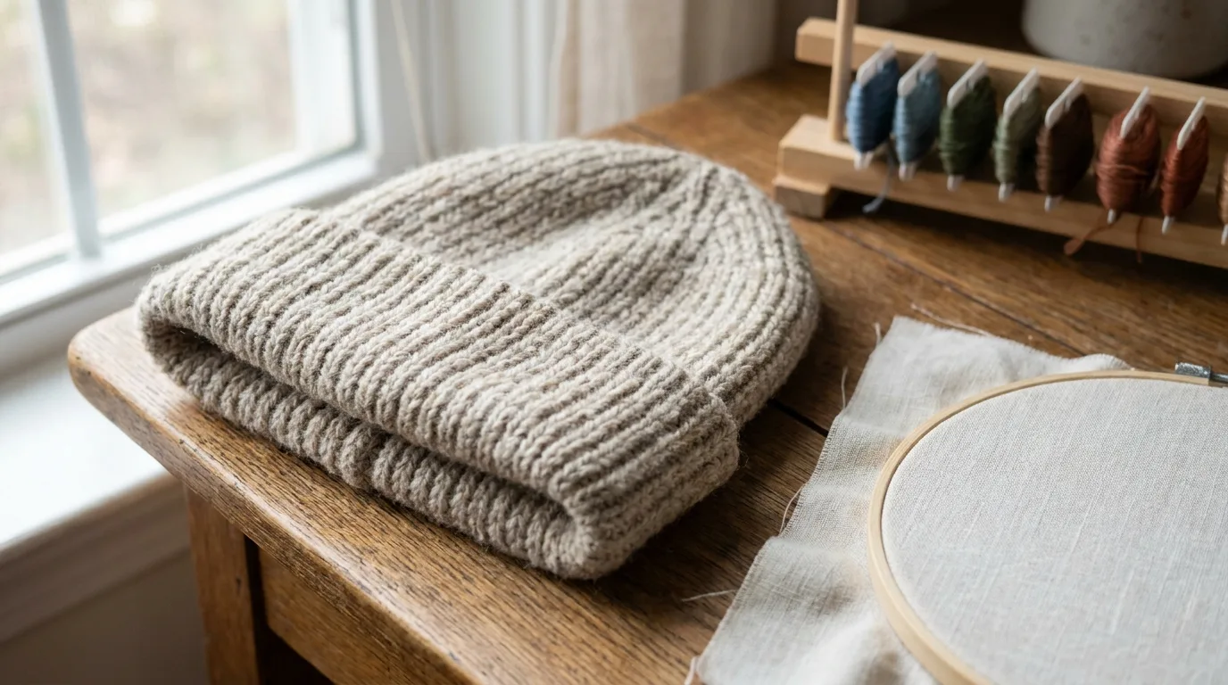 Custom beanies displayed with embroidery hoop and thread for printing and stitching on a studio table