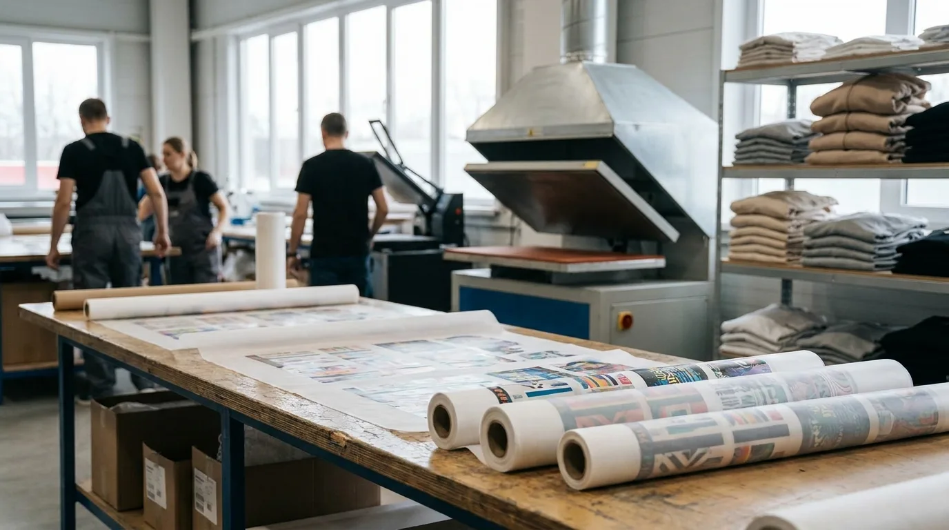 Large DTF gang sheets and blanks in a busy print shop ready to scale your print shop
