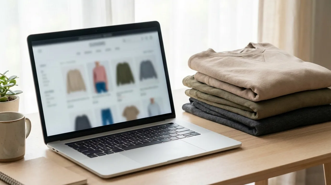 Laptop and folded blanks setup to sell custom apparel on Shopify