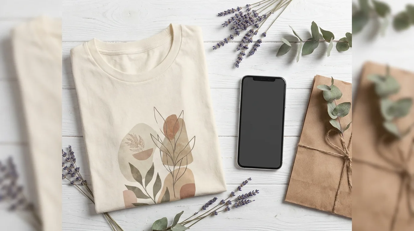 Flat-lay of a custom printed tee styled to sell custom shirts on Etsy