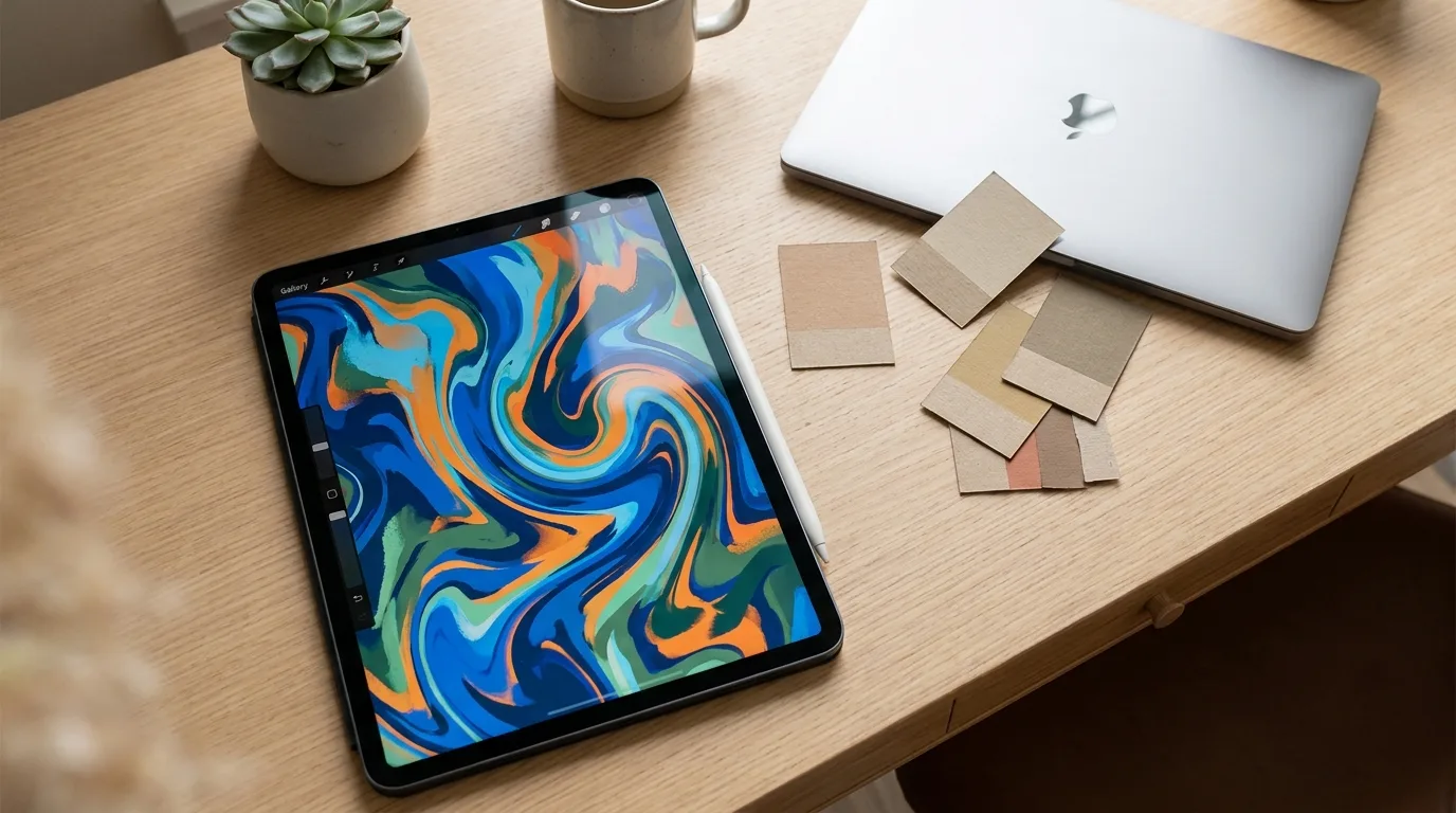 Designer workspace with tablet and color swatches for preparing print-ready artwork files