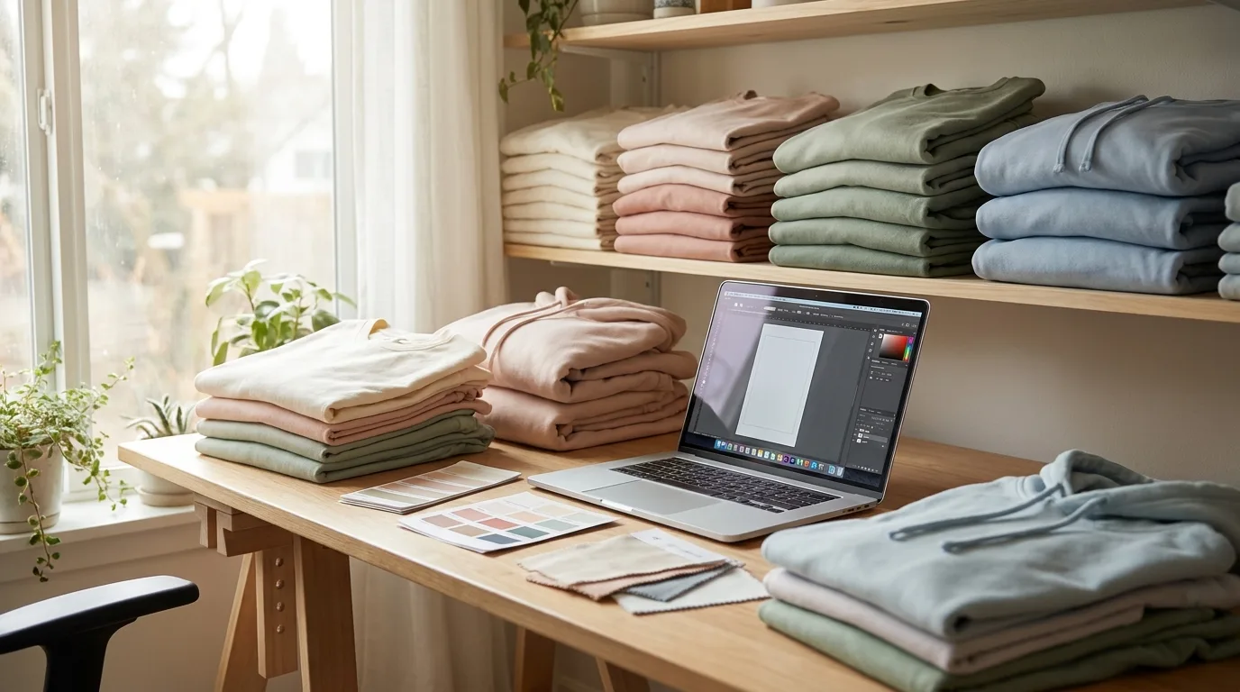 Home studio setup to start a print on demand business with blank apparel and laptop