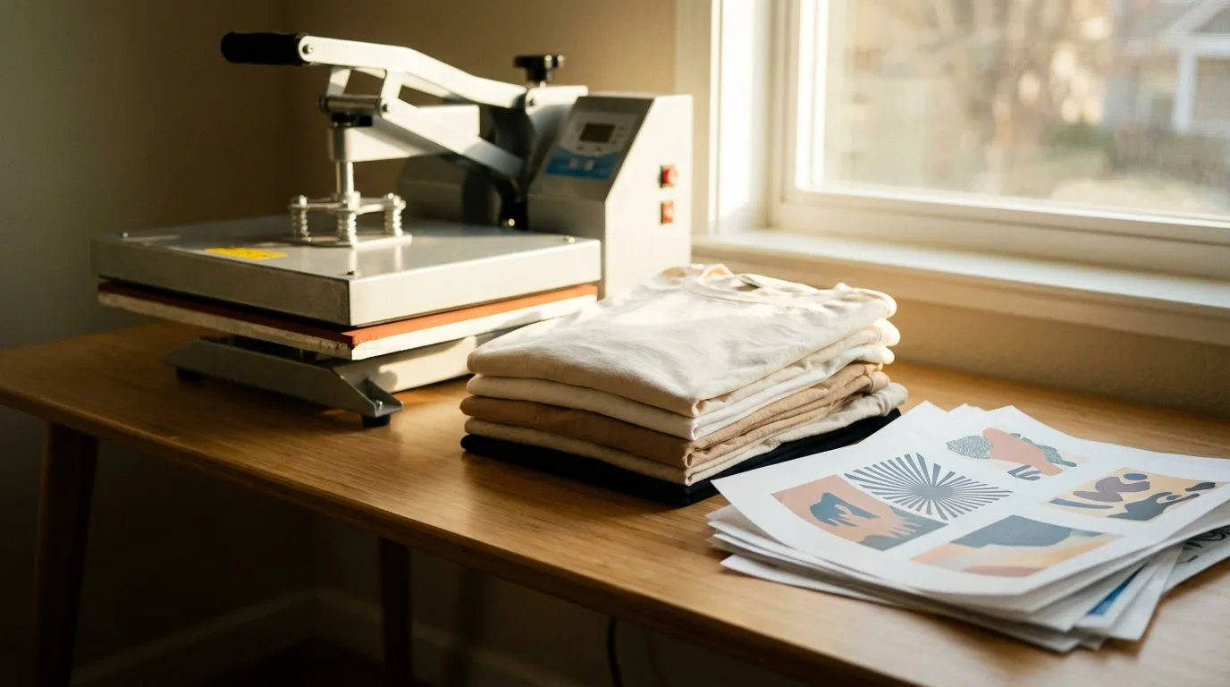 Home workspace with heat press and blank tees to start a t-shirt business