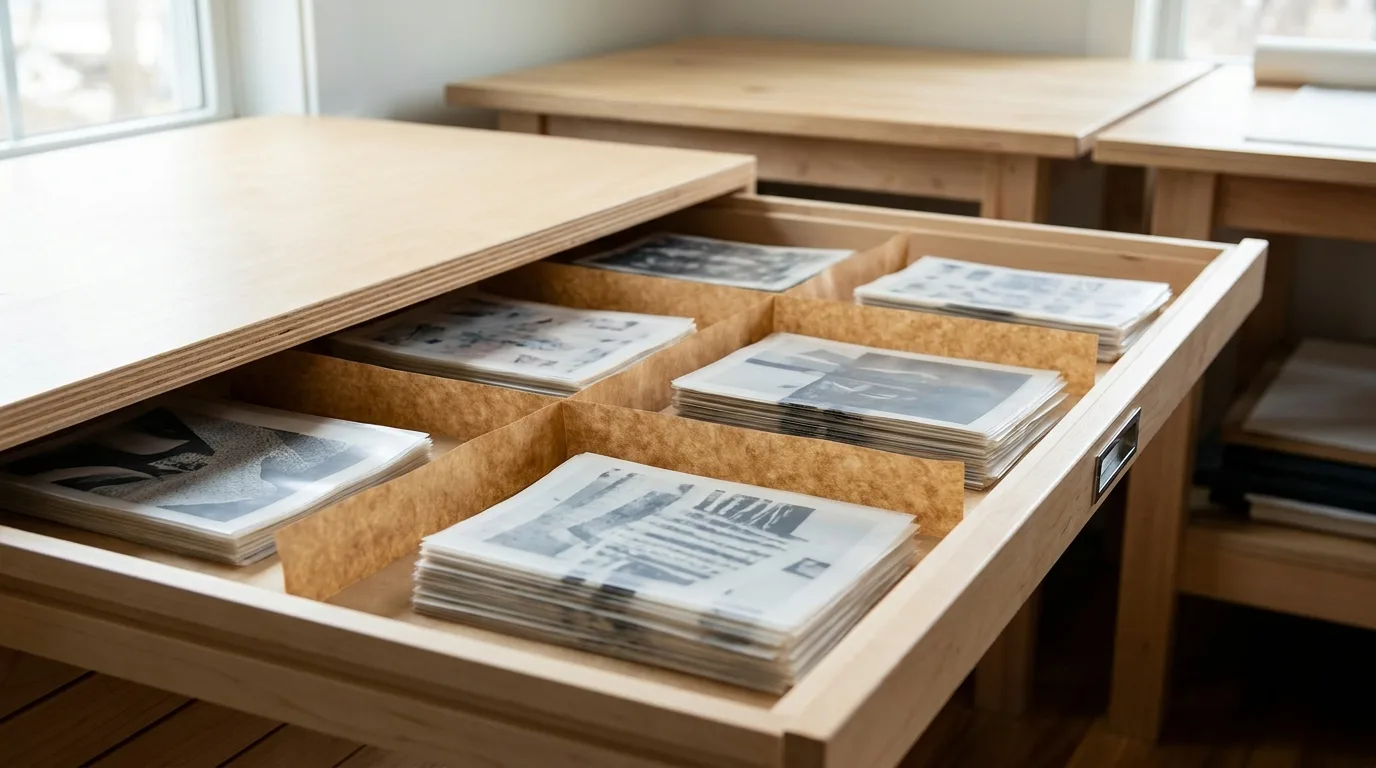 Organized printed film sheets in a drawer demonstrating how to store DTF transfers properly