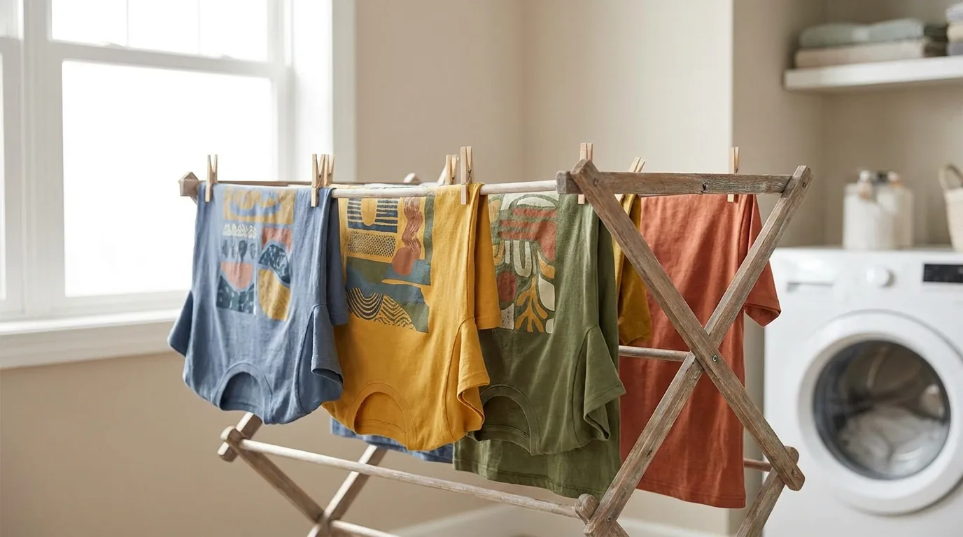 Freshly washed shirts air drying on a rack, showing how to wash DTF printed shirts properly