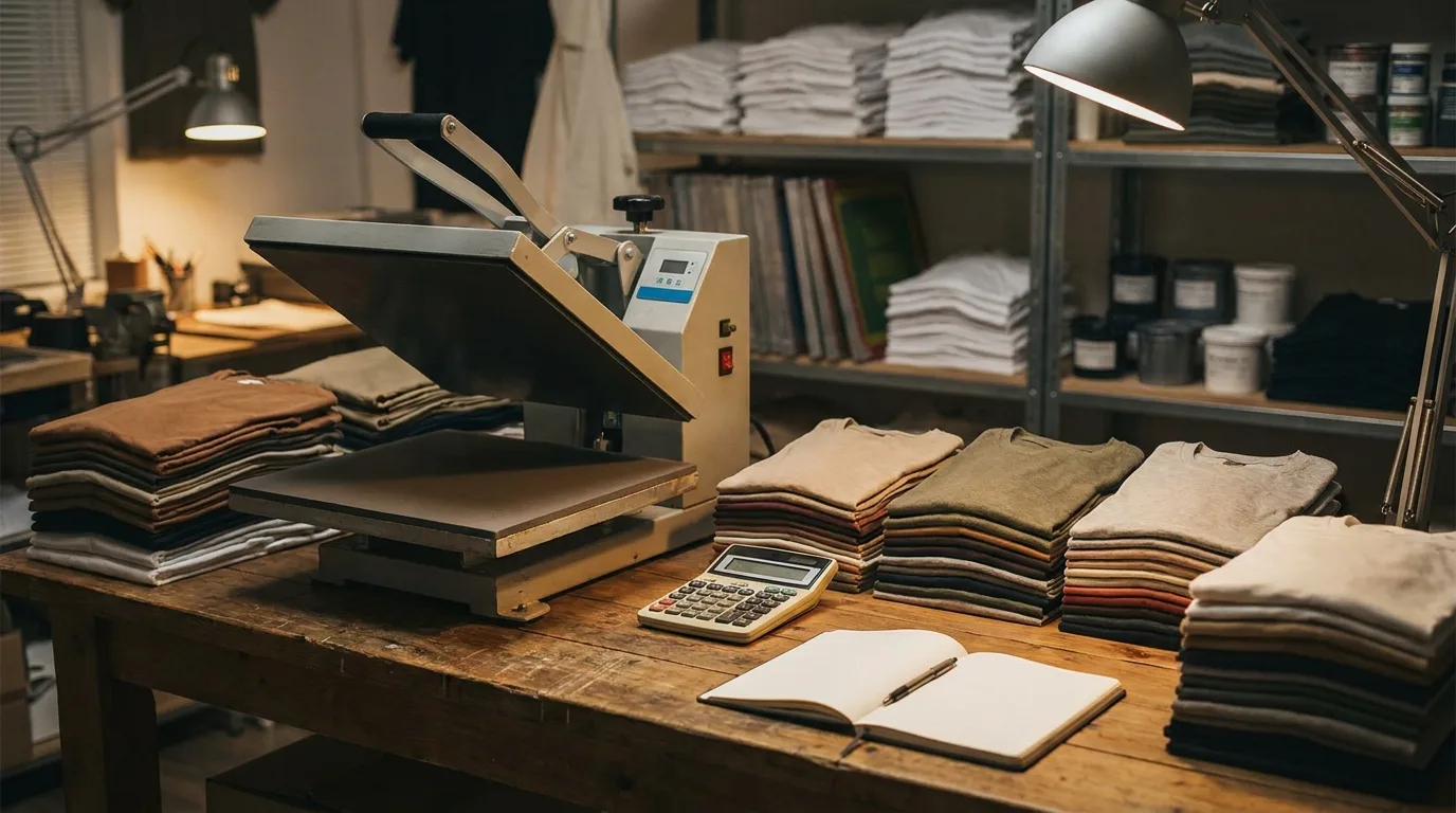Custom t-shirt workshop with heat press and notebook illustrating t-shirt business profit margins