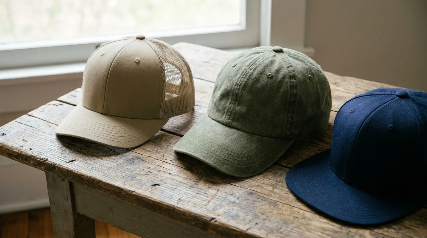Assortment of blank caps ready for custom embroidered hats arranged on a wooden table