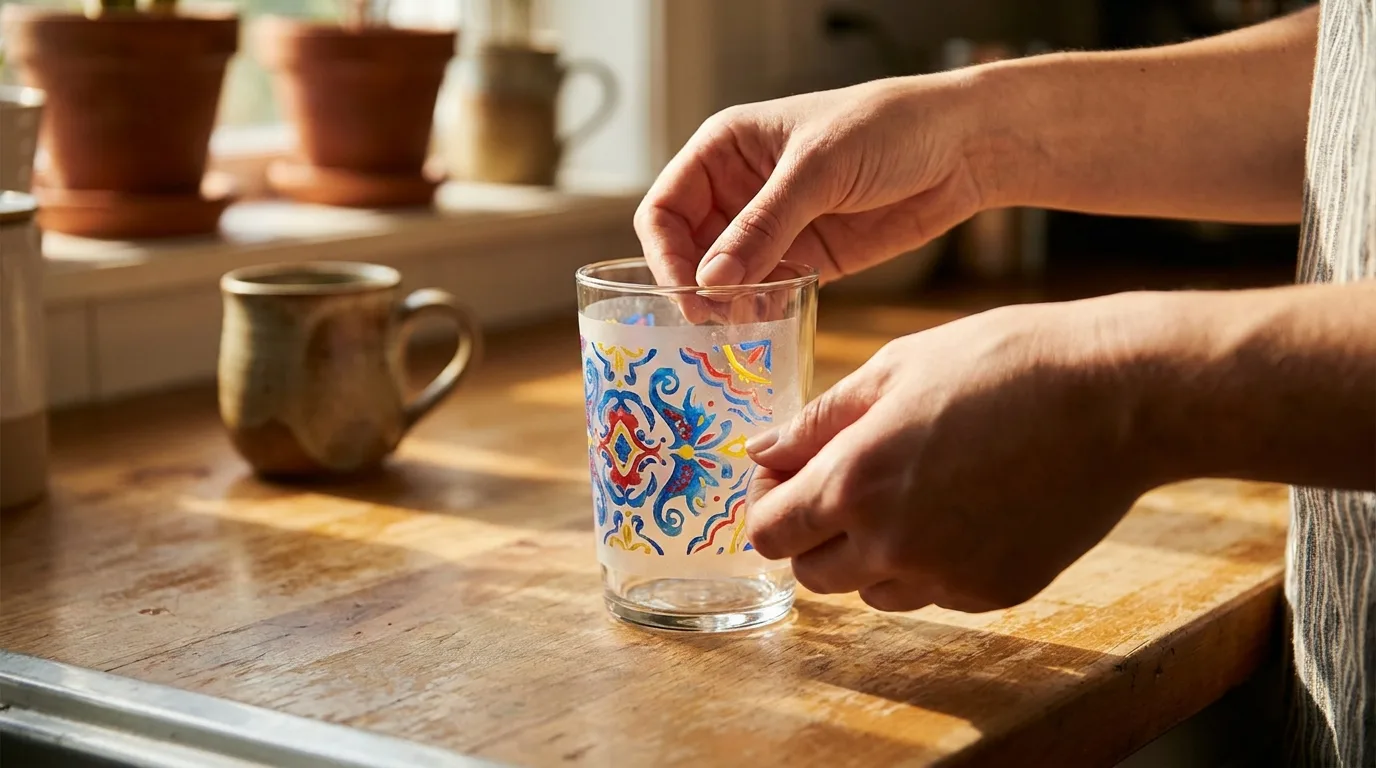 Applying a UV DTF transfer around a curved glass tumbler with a ceramic mug nearby on a sunny counter