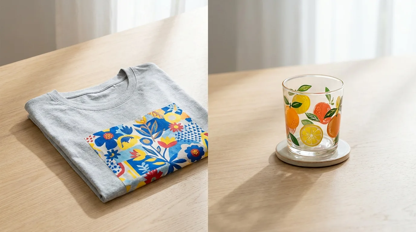 Comparison of UV DTF vs DTF showing a fabric transfer on a t-shirt beside a decorated glass tumbler