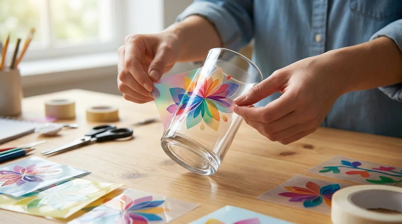Hands applying a glossy UV DTF sticker onto a clear glass tumbler on a craft table