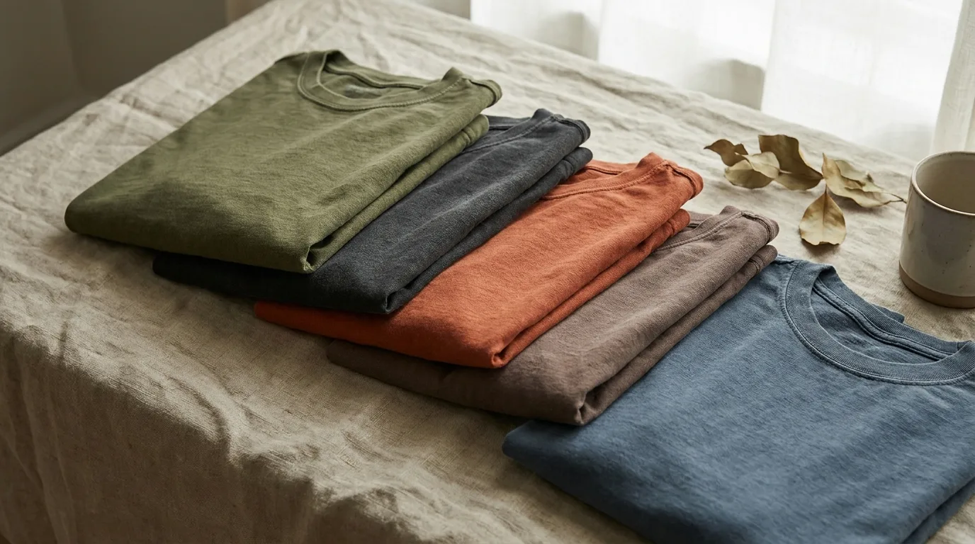 Folded garment-dyed t-shirt blanks in muted tones showing soft faded color and heavyweight cotton texture