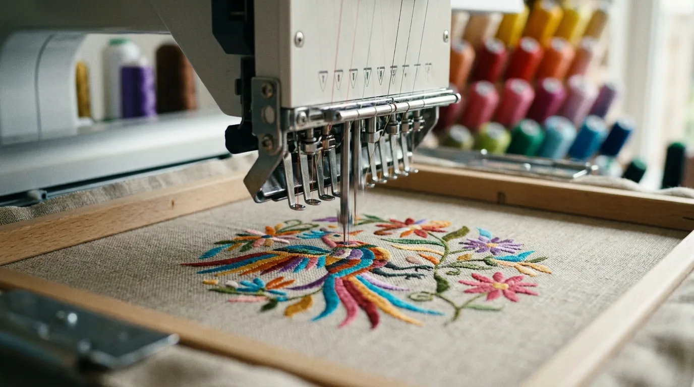 Embroidery machine stitching a design, illustrating logo digitizing for embroidery