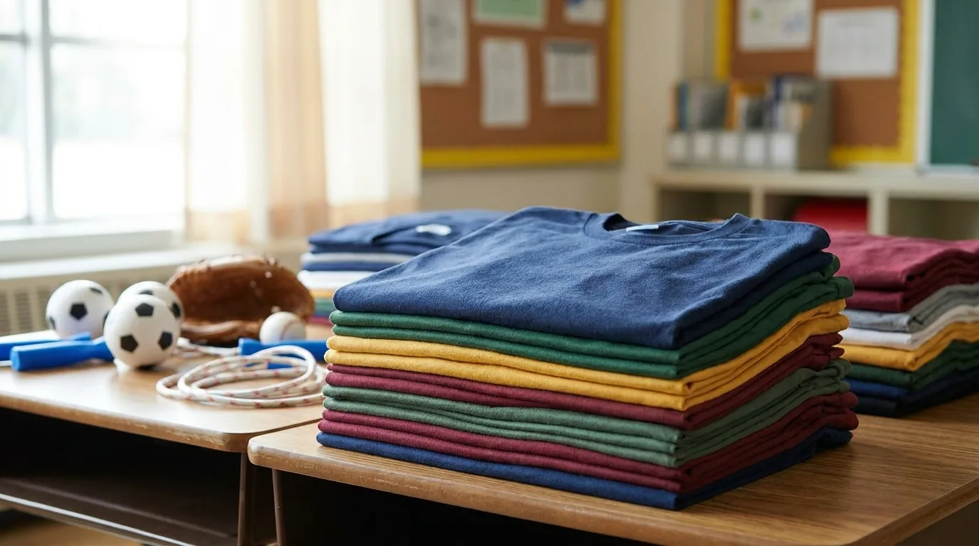 Stack of folded youth blank tees in assorted colors ready for school and team custom printing